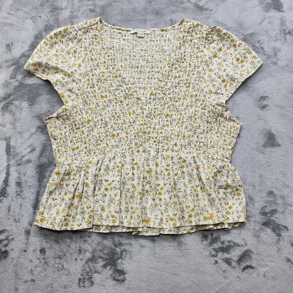 American Eagle Outfitters Tops - American Eagle Top Womens XL Yellow Cream Floral Smocked V-Neck Babydoll Blouse